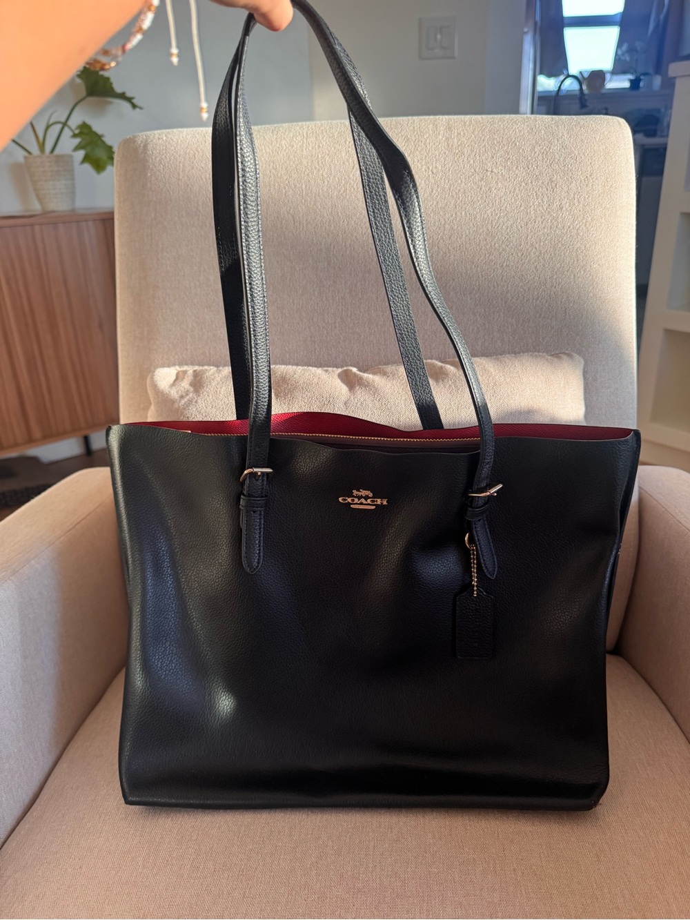 Coach Black Leather Tote with Red Interior